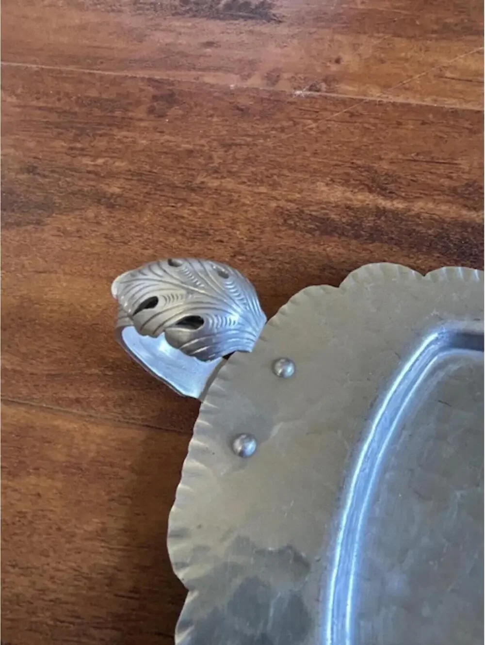 Vintage Hammered Metal Serving Tray with Ornate Handles